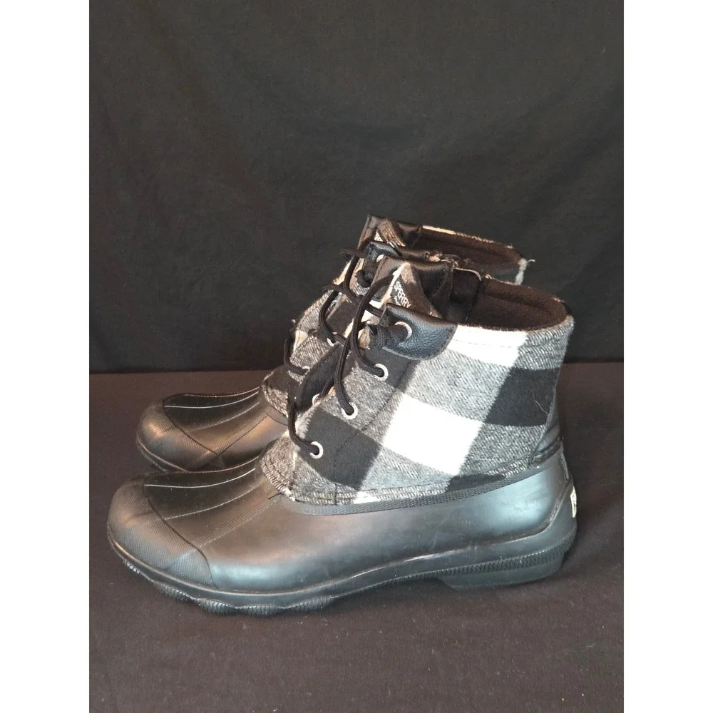 Sperry Saltwater Duck‎ Boots Women's Black Plaid Wool Waterproof Lace Up Ankle